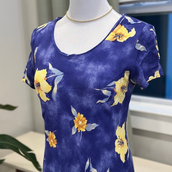 Vintage Expo Blue Floral Short Sleeve Maxi Dress Yellow Blossom Print - Picture 2 of 7